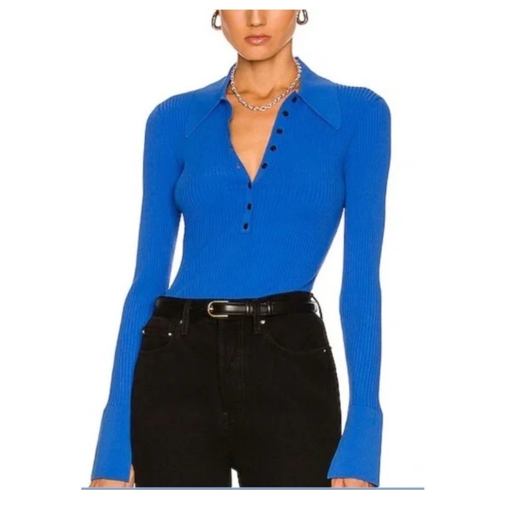 A.L.C. Elenor Light Ribbed Knit Collared Top Women's Size M Blue Clean Girl